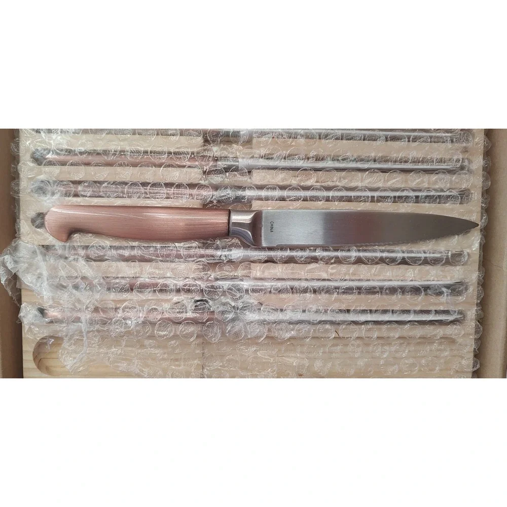 Rare Sabatier Copper Balance Steak Knife Set in Wood Storage Tray, Set of 8 A17